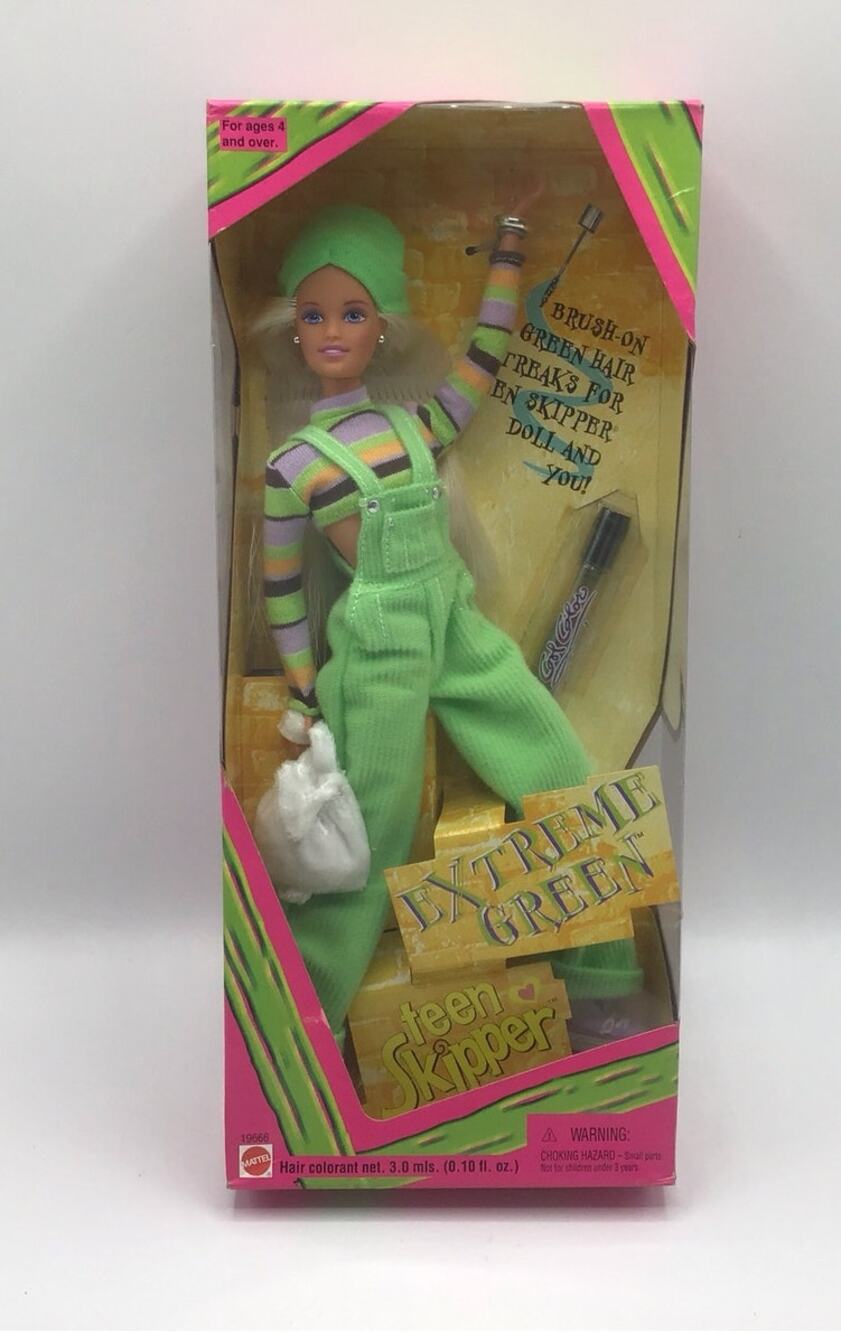 Vintage 1997 Extreme Green Teen Skipper Mattel Overalls Beanie Hair Streak NRFB